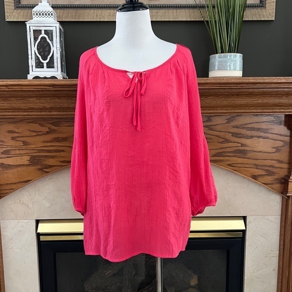 Christopher & Banks Coral Crinkle Gauze 3/4 Sleeve Boatneck Blouse‎ Sz. L - Picture 1 of 9